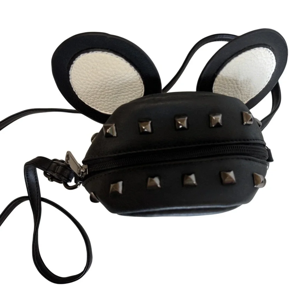 Black‎ Mouse Ear Studded Crossbody Bag Faux Leather Small Shoulder Purse